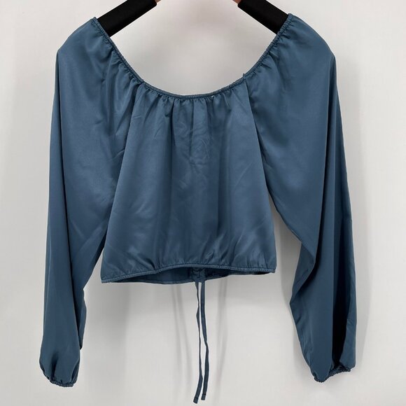 Reformation Long Sleeve Crop Top Size 4 Blue Ruched V-Neck Linen Blouse - Picture 2 of 9